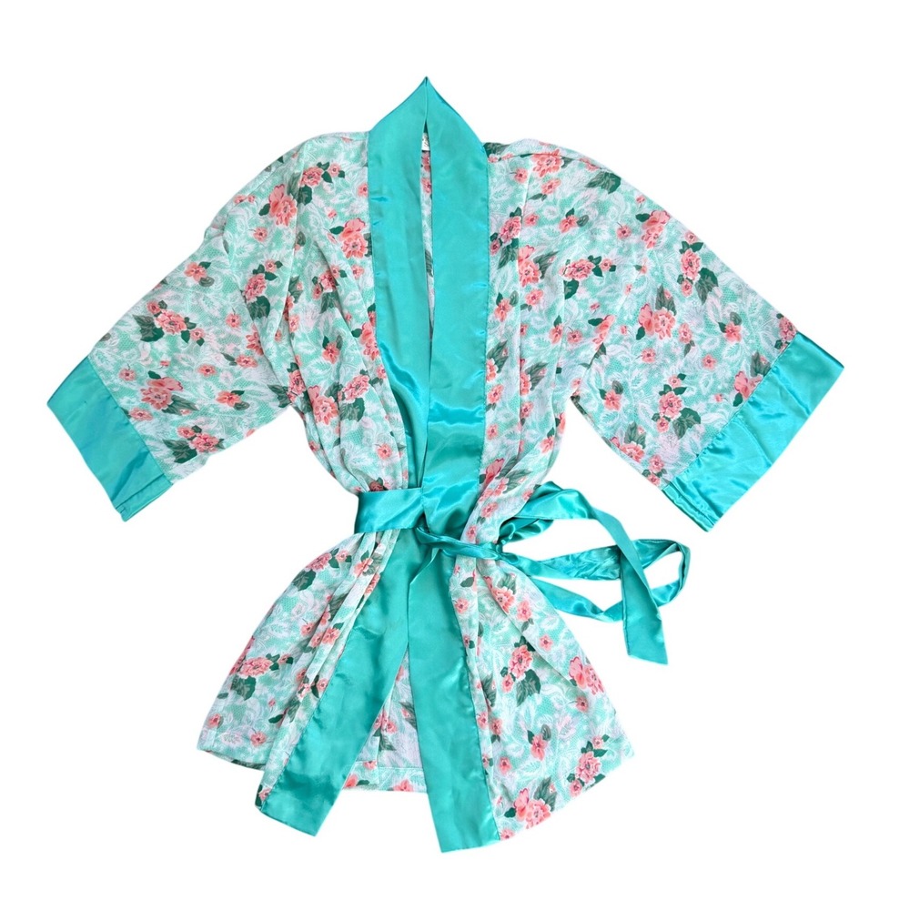 Vintage Victorias Secret Gold Label Floral Kimono Robe Teal Pink Satin OS Sexy